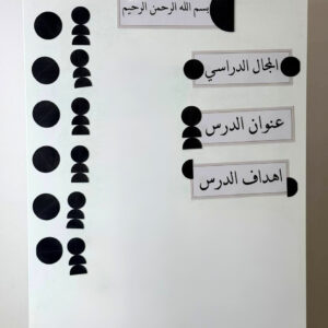 بطاقات سبورة بتصميم ميد نايت بأشكال سوداء وعناوين الدروس مثبّتة على سبورة بيضاء