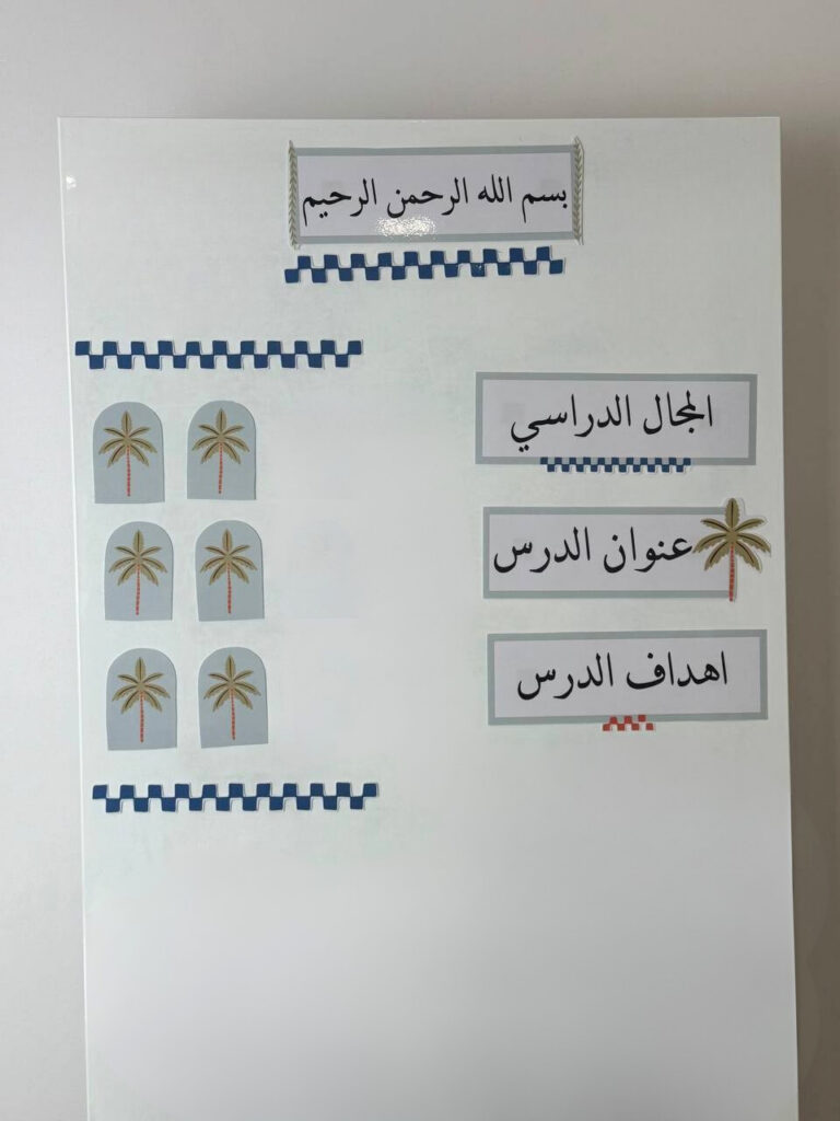 بطاقات سبورة بتصميم بالم بنخلات وحدود زرقاء وعناوين الدروس مثبّتة على سبورة بيضاء
