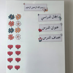 بطاقات سبورة بتصميم سيكرت قاردن بأزهار ملوّنة وعناوين الدروس مثبّتة على سبورة بيضاء