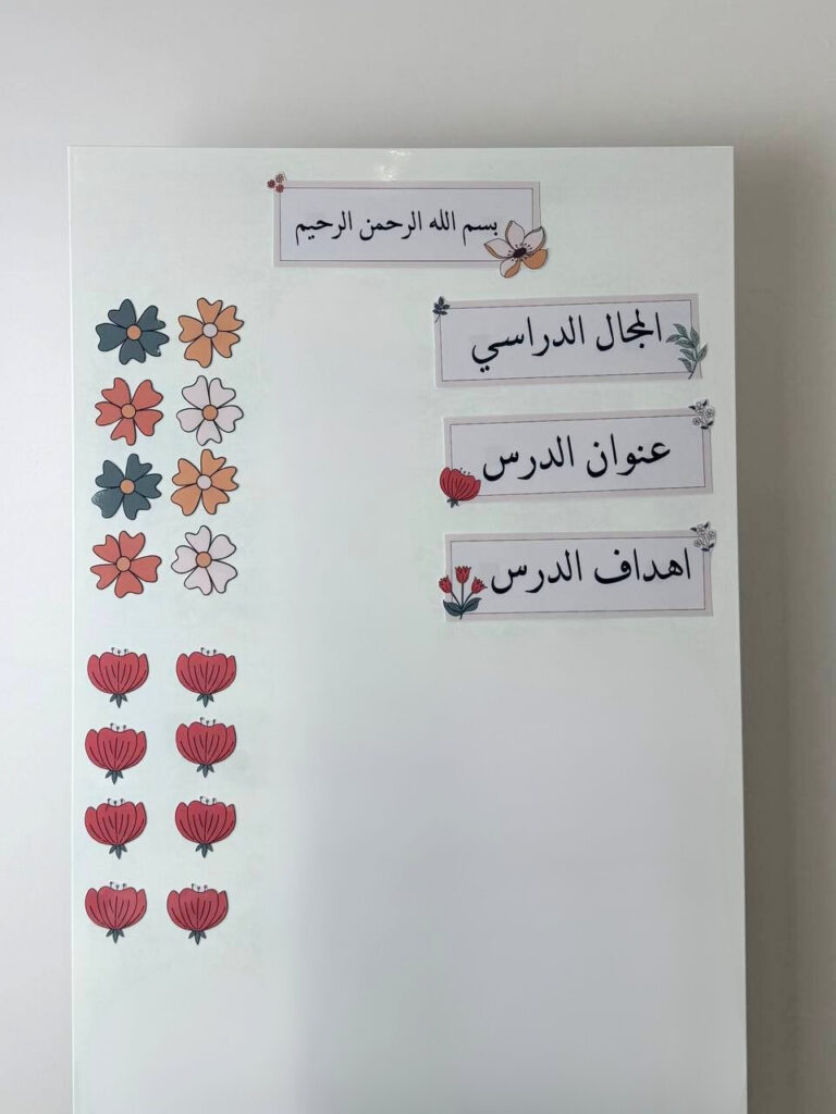 بطاقات سبورة بتصميم سيكرت قاردن بأزهار ملوّنة وعناوين الدروس مثبّتة على سبورة بيضاء